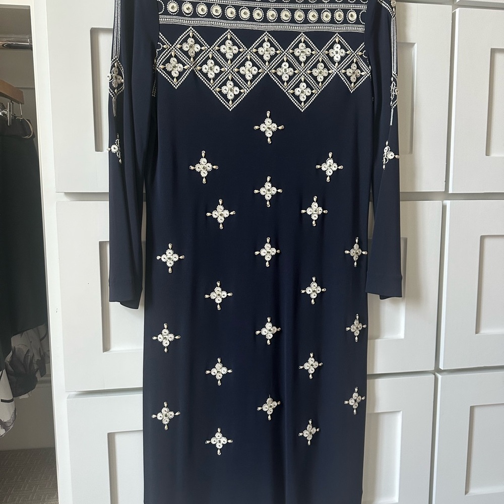 Tory Burch Navy Long Sleeve Dress with White Embellishments
